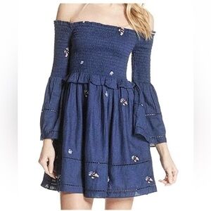 Free People Dress XS Blue Counting Daisies Smocked Embroidered Boho Western Mini